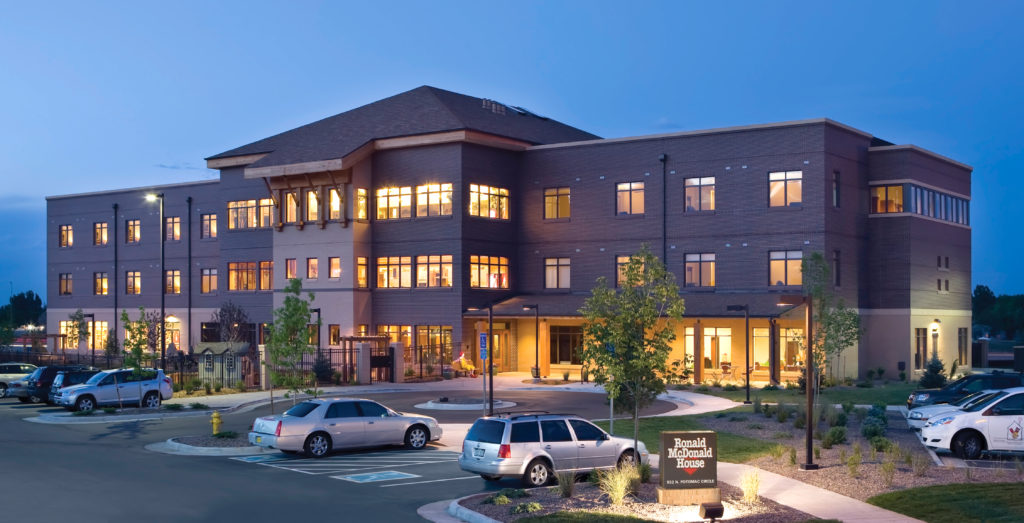 Outside front of the Aurora Ronald McDonald House at dusk