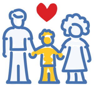 Graphic depiction of a mom, dad and child holding hands below a red heart